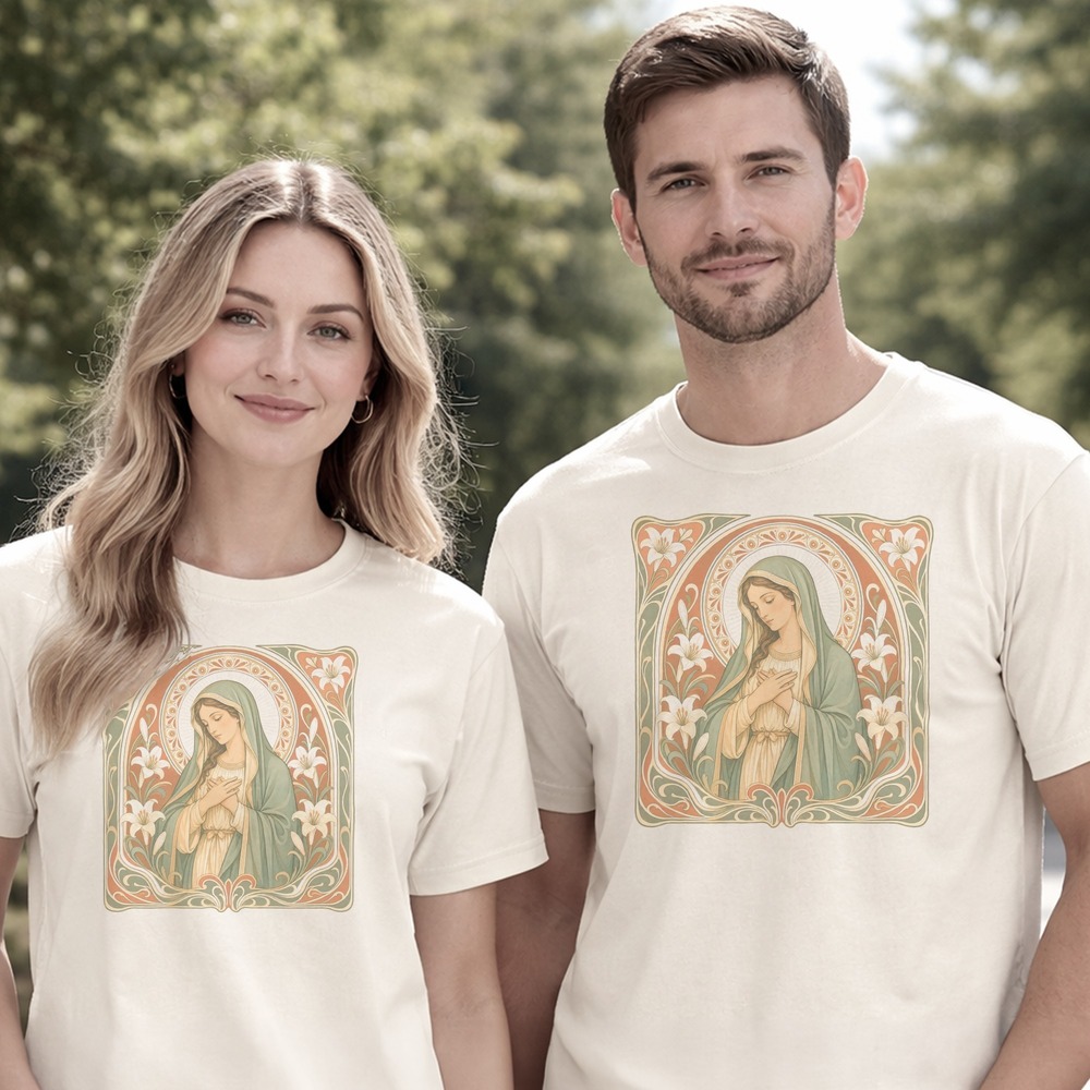 Veiled Madonna Cradling Lilies in Art Nouveau Frame Tee